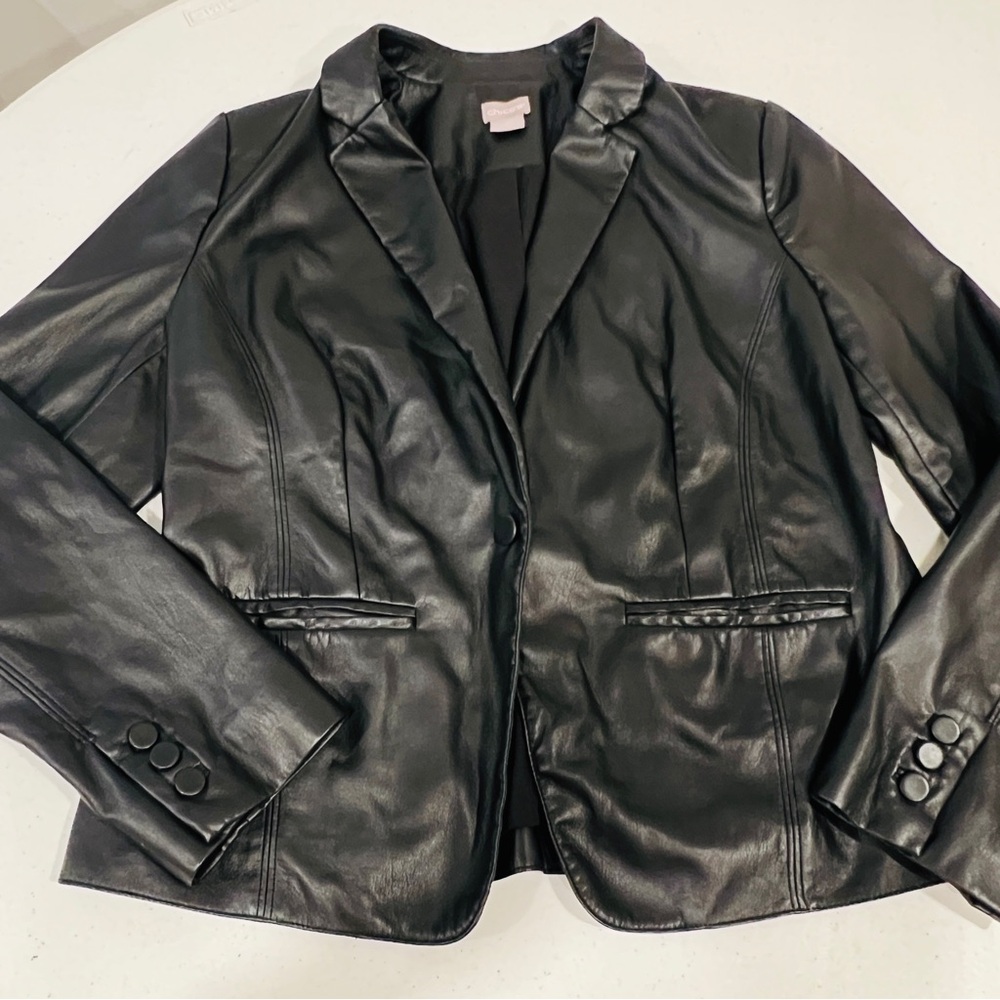 Chico's Womens Blazer Jacket Black Faux Leather Sz 1 Single Button Close Sz 8